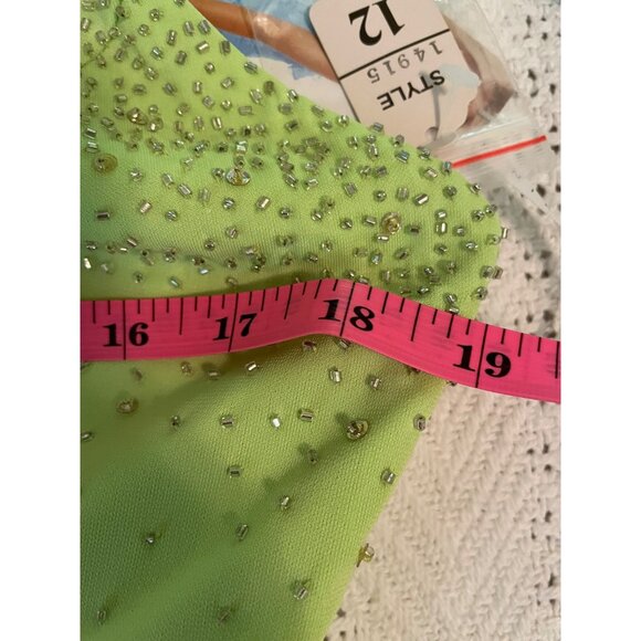 New Niki Livas Lime Green Evening Dress Gown Sz 12 Rhinestone Halter Open Back - Picture 10 of 13